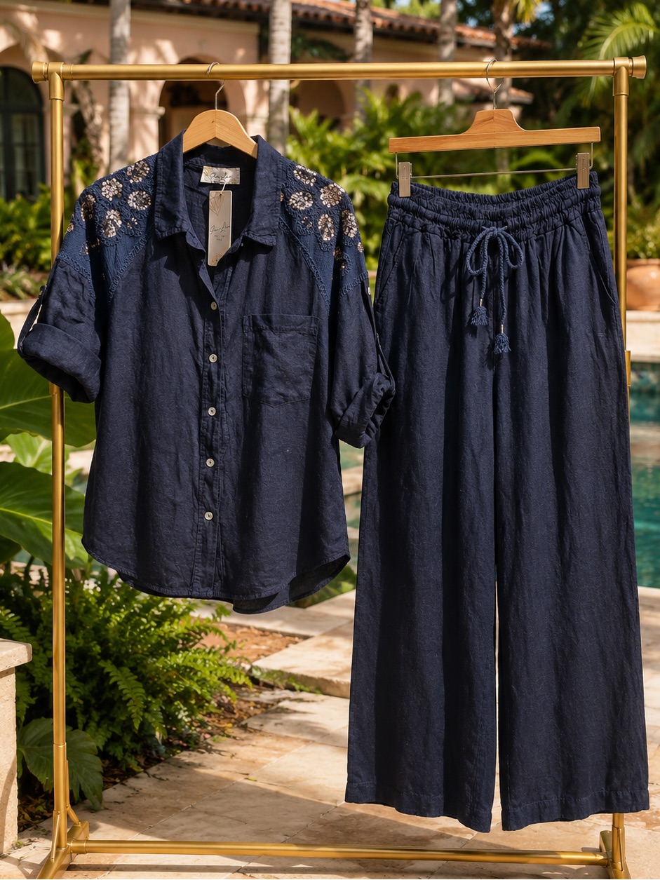 Puro Lino Embroidered Linen Button Down Shirt & Wide-Leg Pants Set Os